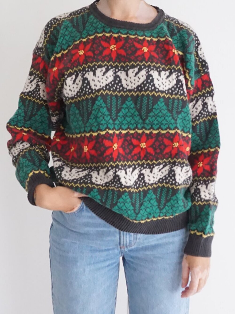 Vintage Northern Isles Gray Fair Isle Poinsettia Tree Holiday Knit Sweater L